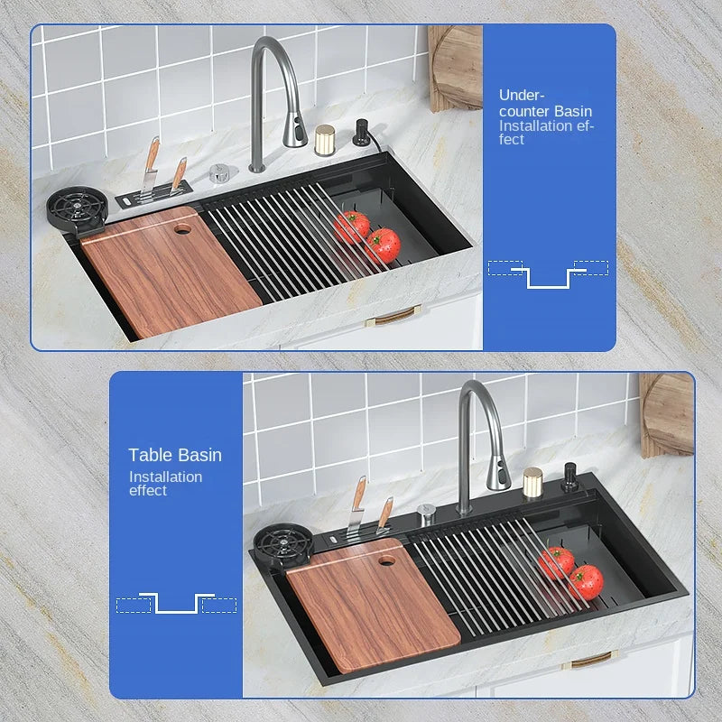 Waterfall Kitchen Sink Nanometer 304 Stainless Steel Large Single Slot Kitchen Accessories Waterfall Faucet Vegetable Basin
