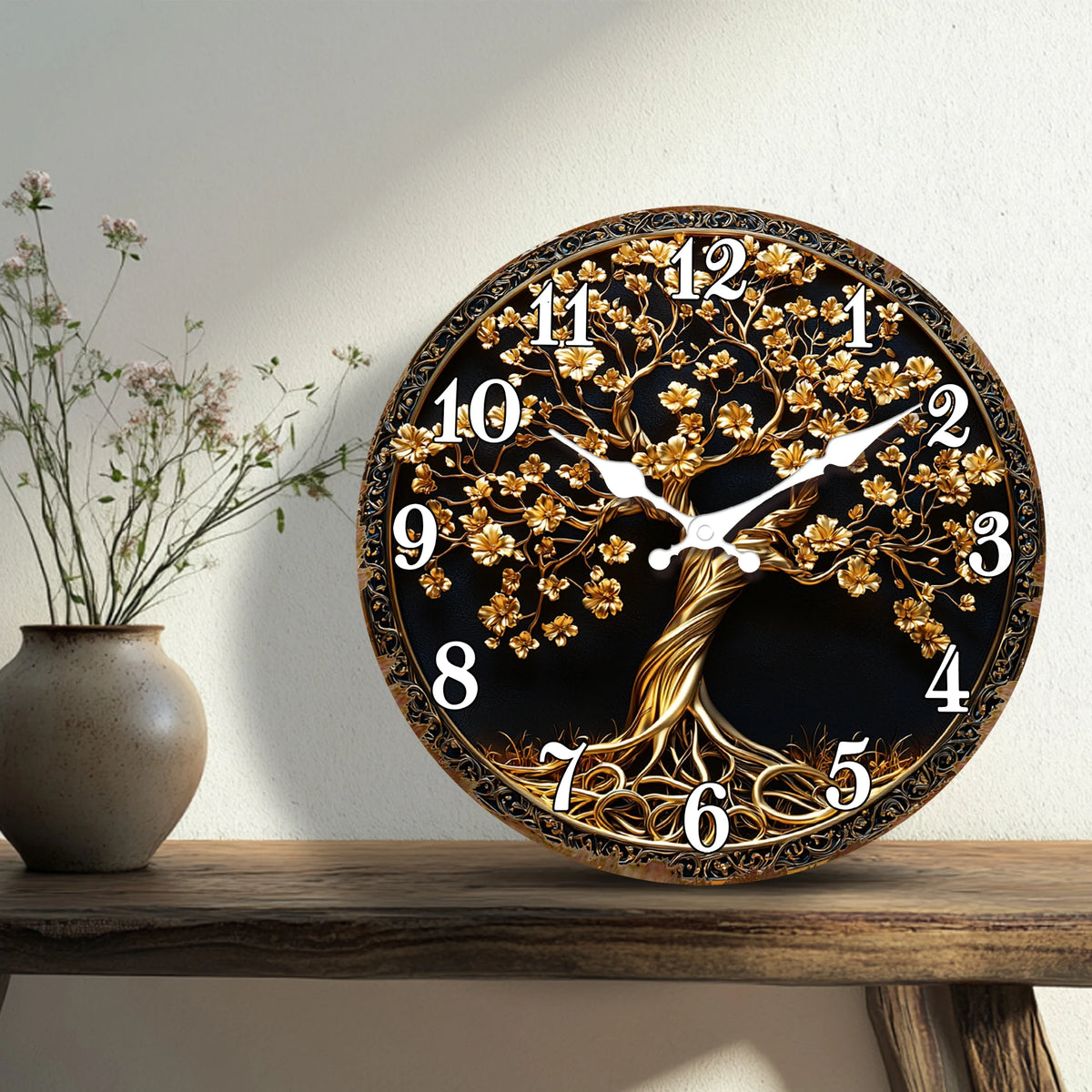 Golden Tree of Life with Intricate Details Wall Clock, Luxury Ornate Design Round Decorative Clock, Elegant Home Decor Timepiece