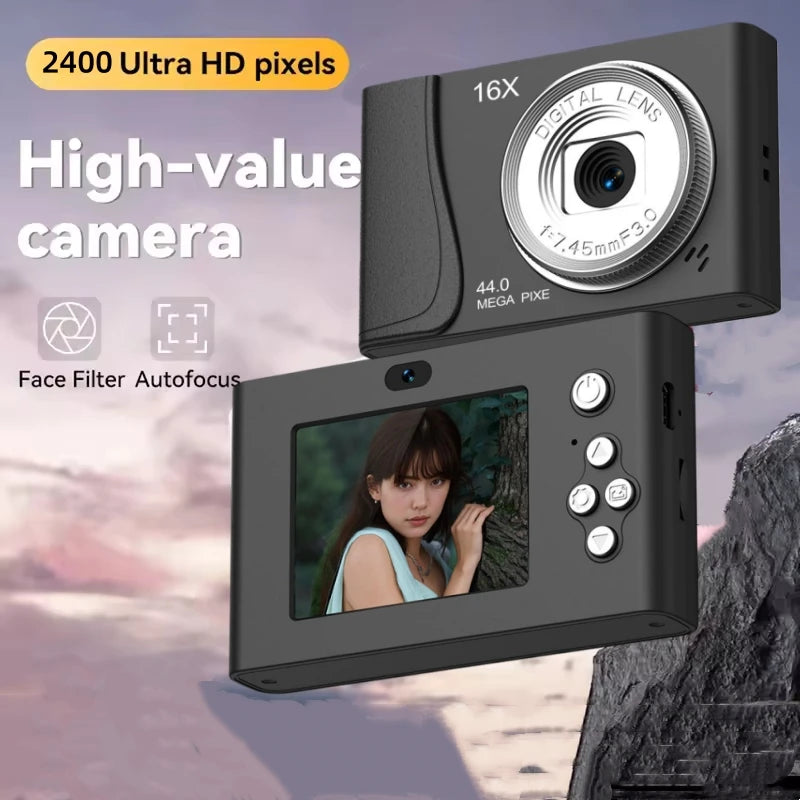 Digital camera with 2400 Ultra HD pixels and face filter autofocus feature, displayed against a blurred natural background.