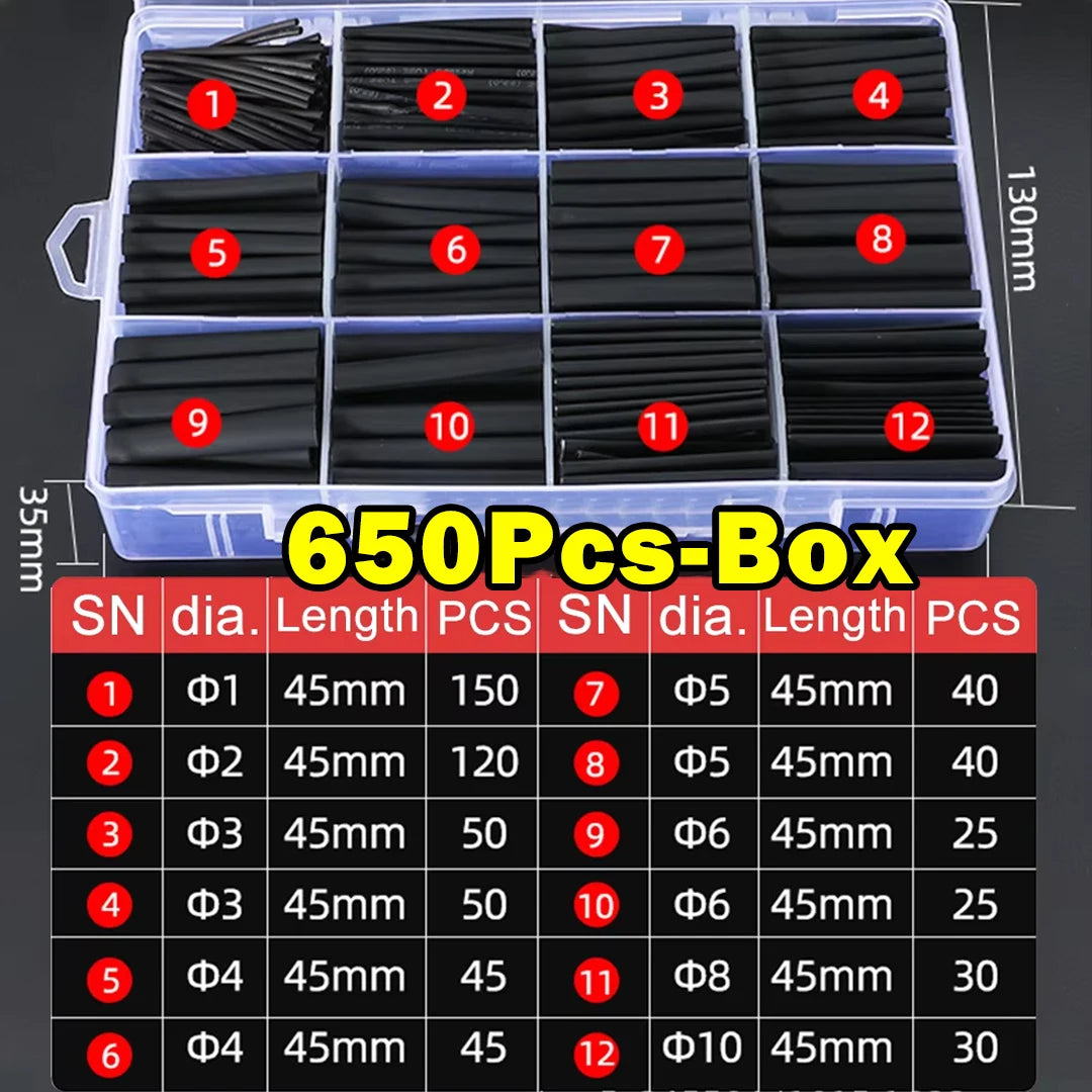 Protect your wiring with this black heat shrink tube kit—thermoresistant tubing ideal for wire wrapping, electrical connections, and cable insulation!