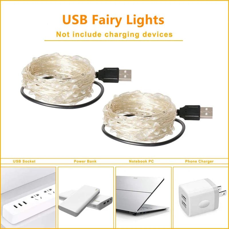 USB Led Fairy Lights Copper Wire String 1/2/3/5/10/20M 200LED Holiday Lamp Garland For Christmas Tree Wedding Party Decoration