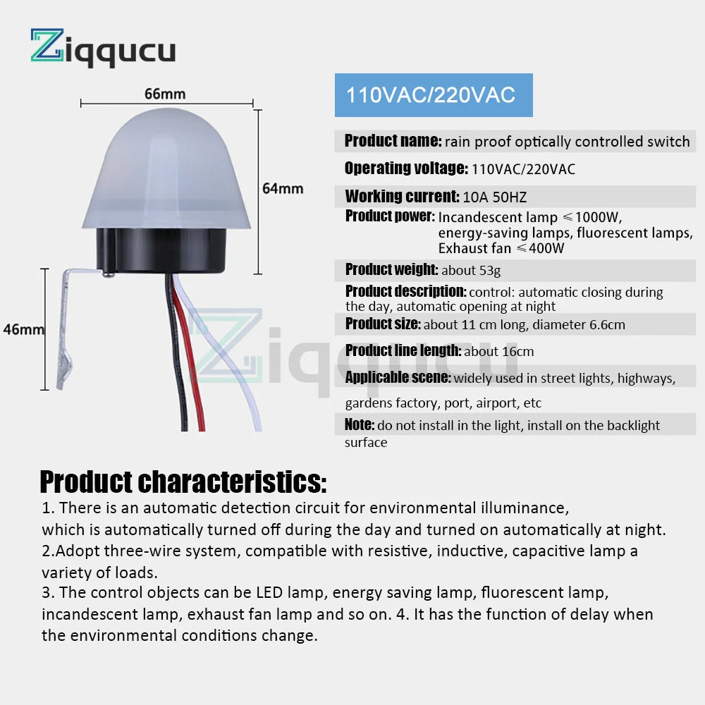 Save energy and light up your nights with this waterproof, sensitive auto photo switch—an easy on/off photocell sensor perfect for street LED lights!