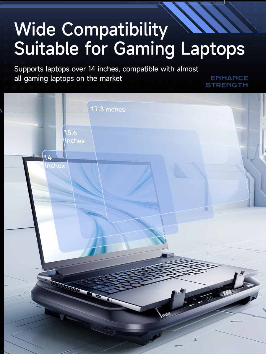 Keep your laptop cool and stylish with this adjustable, foldable cooler pad featuring LED lighting and powerful fans—fits 14" to 17.3" laptops perfectly!