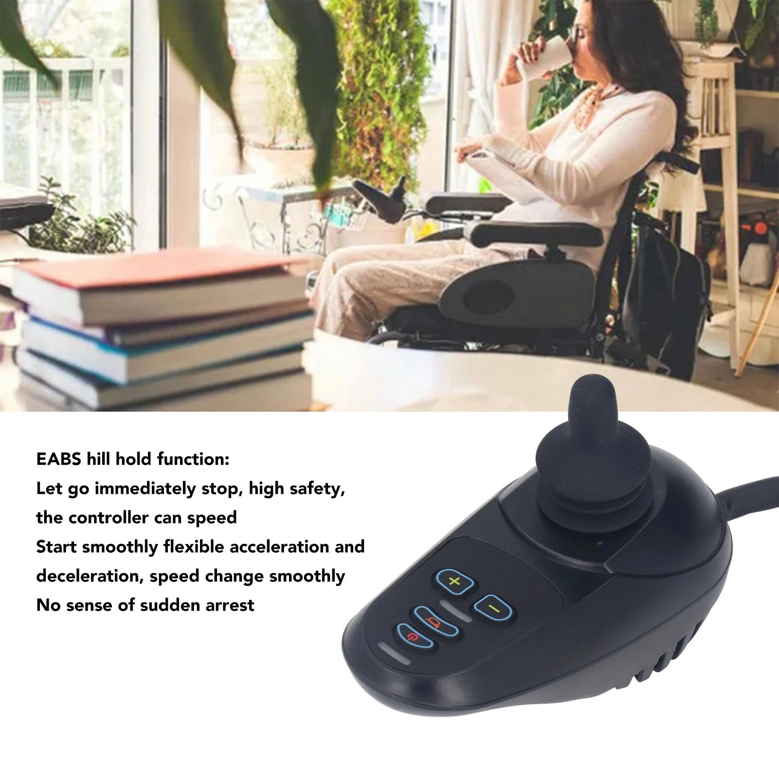 Enhance mobility with this electric wheelchair controller featuring smooth EABS braking, easy speed adjustment, and a responsive joystick for precise maneuvering and safe parking!