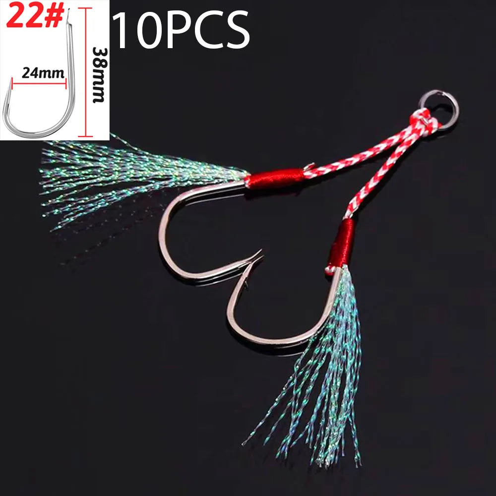Cast Jig Assist Hook 10PCS/Lot High Carbon Steel Angle Barbed Thread Feather Lake Fishing Tackle Slow Jigging Sea Pesca Fishhook
