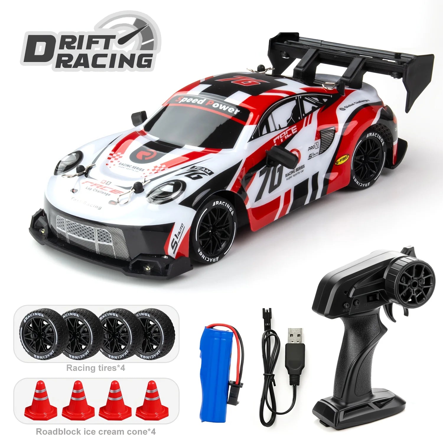 1:24 RC Drift Car, 2.4GHz High Speed 4WD Remote Control Racing Vehicle, LED Lights Electric Toy for Kids Boys Adults