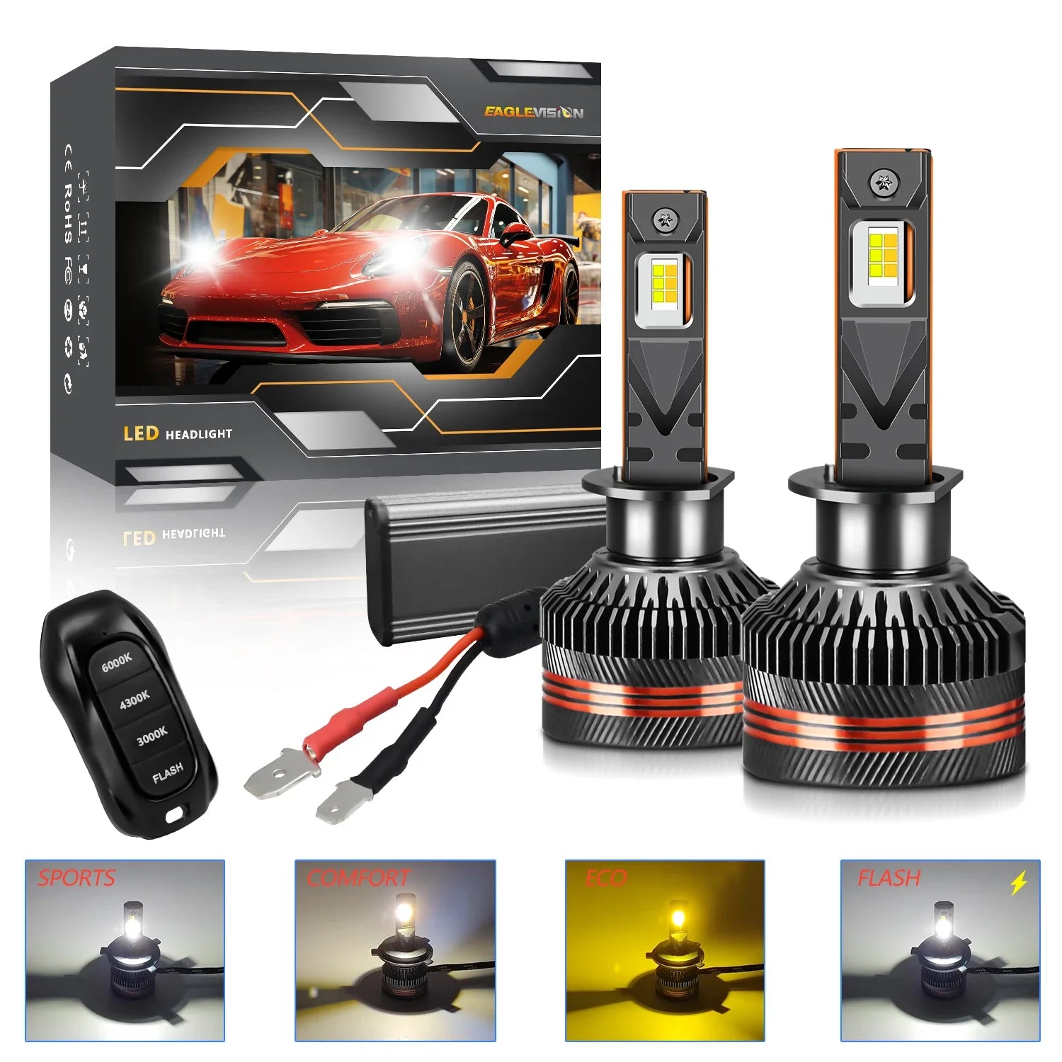 EAGLEVISION LED High Power Canbus Remote Control HeadLamp 3000K/4300K/6000K Lighthouse 9005 9006 9012 H1 H4 H7 H11 12V 24V