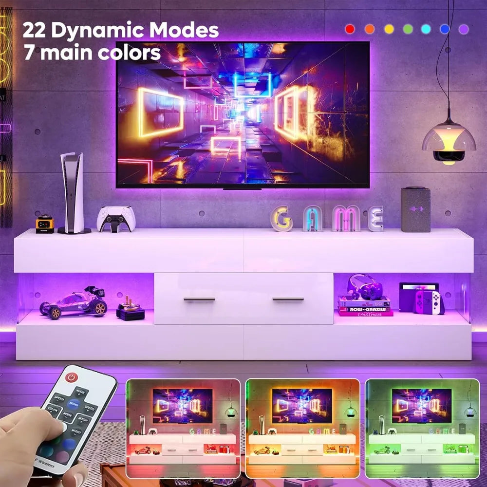 Modern High Gloss TV Stand for 55-65 Inch TVs with Stone-Patterned Sides and LED Entertainment Center
