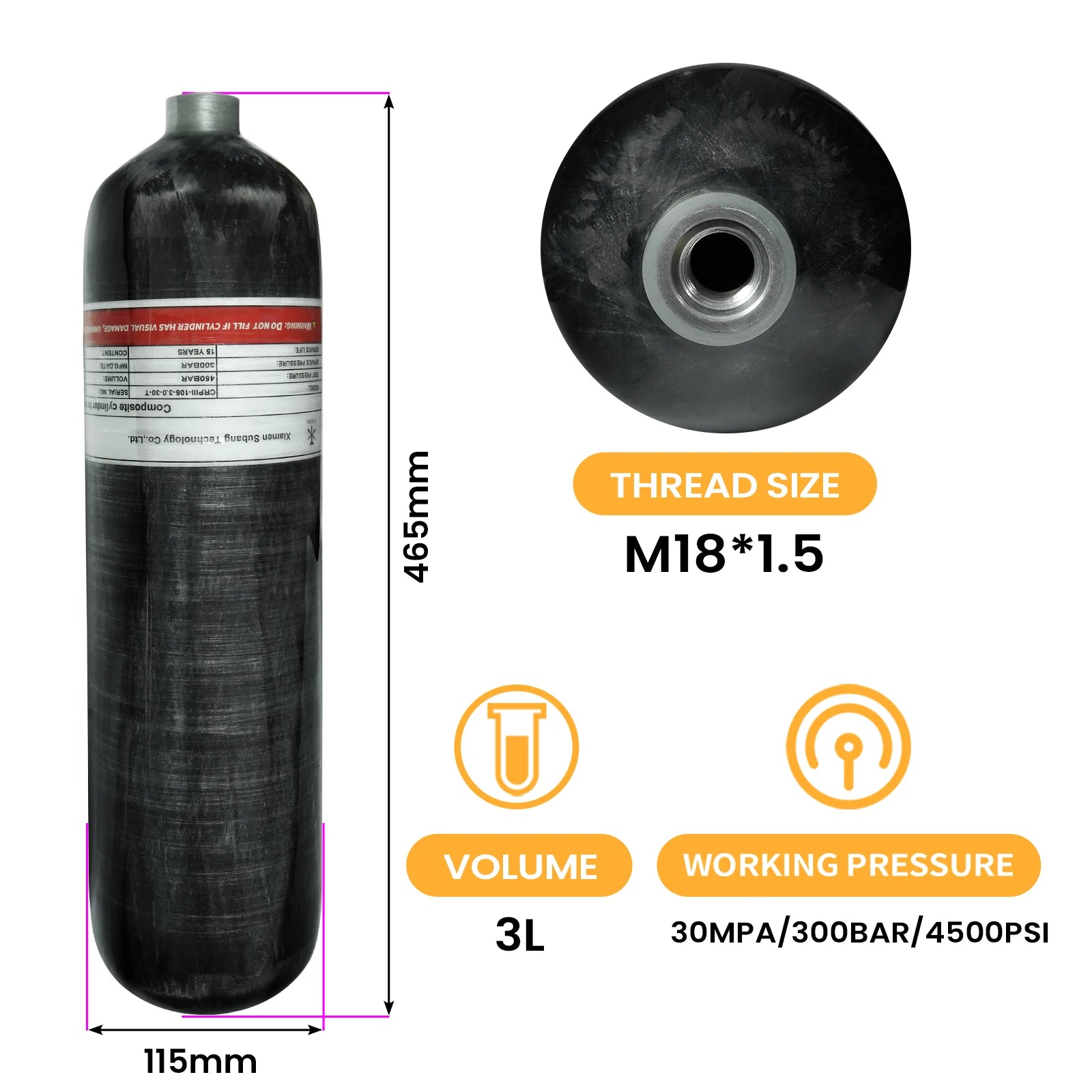 TUXING 300Bar 3L Carbon Fiber Cylinder 4500psi High Pressure Air Tank Scuba Diving Tank Fill Station Valve Regulator M18*1.5