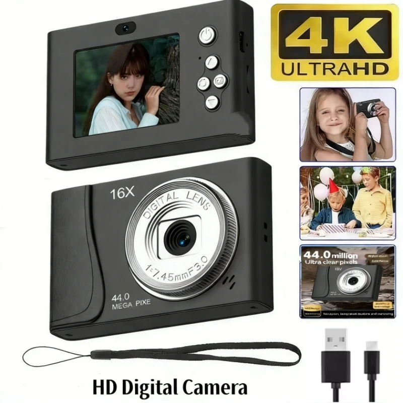 HD digital camera with 4K Ultra HD feature, screen displaying a person, and additional images of people using the camera.