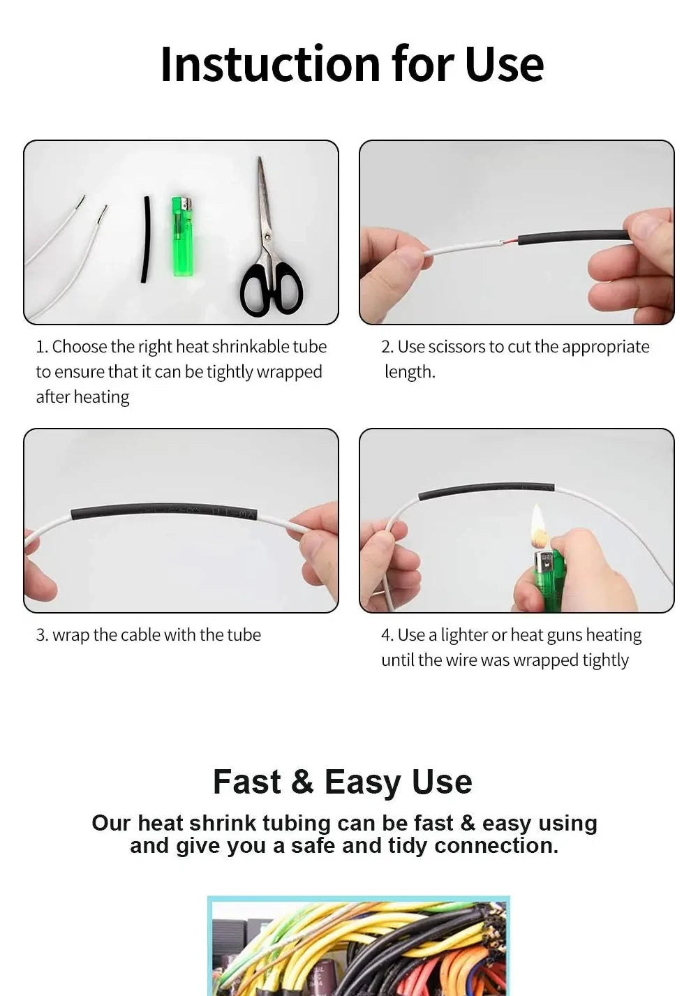 Protect your wiring with this black heat shrink tube kit—thermoresistant tubing ideal for wire wrapping, electrical connections, and cable insulation!
