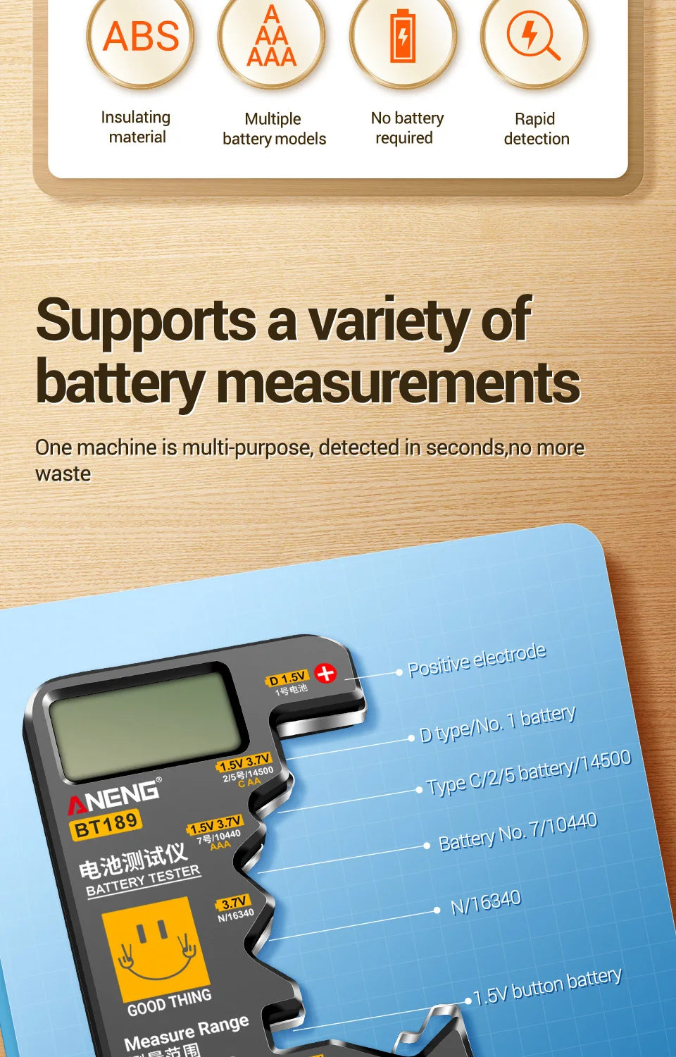 Quickly check your batteries with this universal button cell battery tester—compatible with 9V, N, D, C, AA, and AAA sizes, featuring an easy-to-read LCD display!