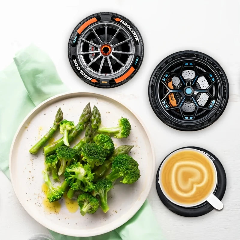 8 Pcs 2D Wooden Coasters Tire Saucer Heat Resistant Non-Slip Home Office Bar Cafe Restaurant Holiday Birthday Gift Durable