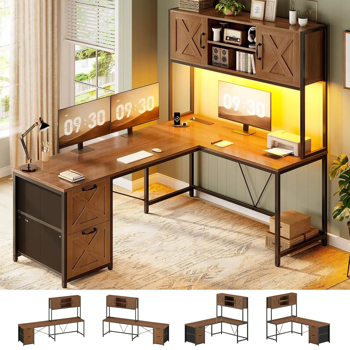 L Shaped Gaming Desk with Drawers LED Lights Power Outlet Hutch Storage Shelf Home Office Grey, Customized