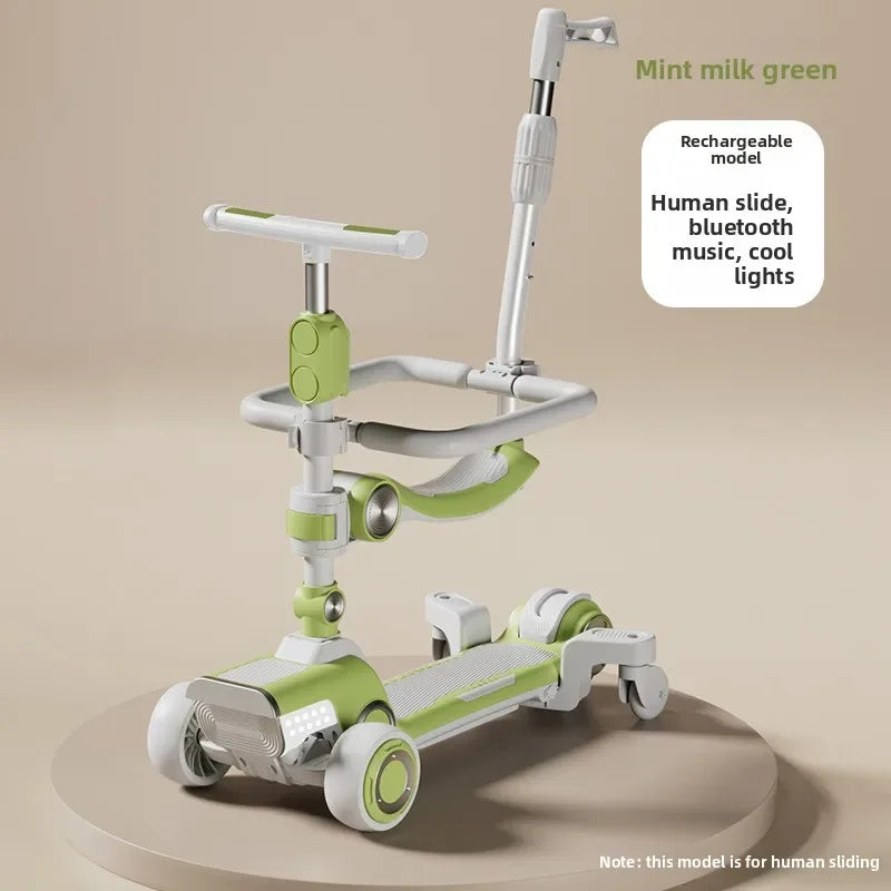 Rechargeable electric scooter for children, foldable and fun with widened design.