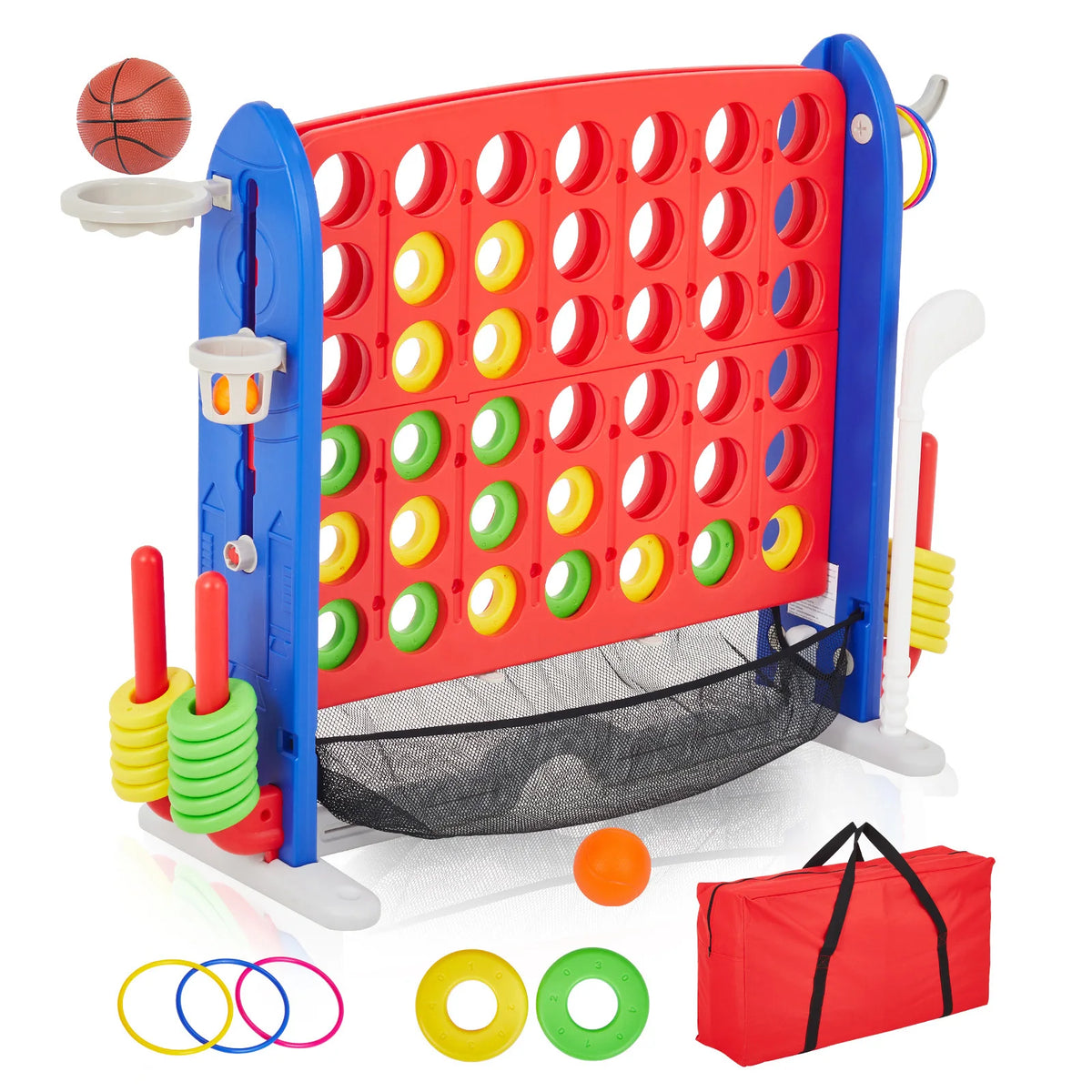 4-in-1 Giant Connect Game Set Adjustable Height, Basketball Hoop, Ring Toss and Net Jumbo Outdoor Yard Game for Families Events