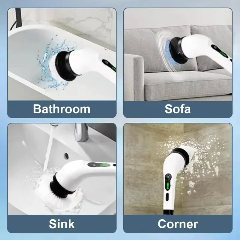 9-in-1 Electric Cleaning Brush, Cordless Power Scrubber with Long Extension Handle, Multi-Purpose Rotating Cleaning Tool for Bathroom, Kitchen, Tile, Tub, Shower, Floor, Grout, Countertops, Window, Household Deep Cleaning