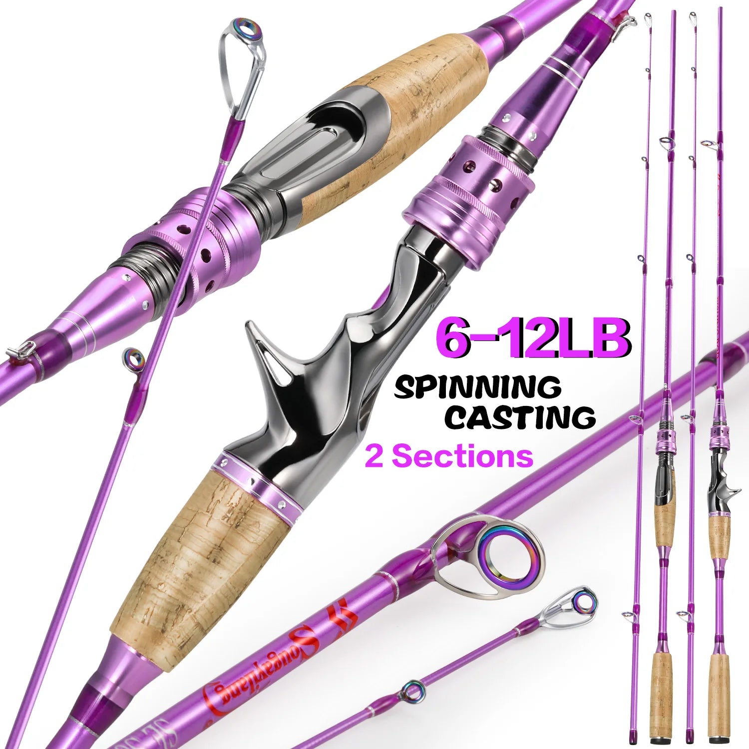 Sougayilang 2Sections Fishing Rod Spinning and Casting Wooden handle Fishing Rod Max 5-12lb Carbon Fiber Perch Fishing Rod