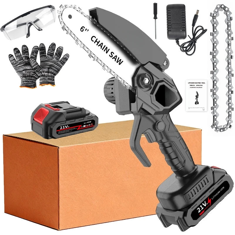 Mini Chainsaw Cordless 6 inch: Electric Chainsaw Battery Powered, Brushless Chain Saw with Auto Oiler, 1/2pcs Battery, Handheld Saw for Tree Branch Wood Cutting,Gardening Tools for Men Dad