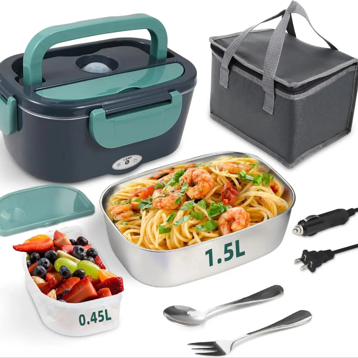 Electric Lunch Box 80W Portable Heated Lunchbox Adults Includes 2 Stainless Steel Containers Car Truck Work Use Leak Proof Food