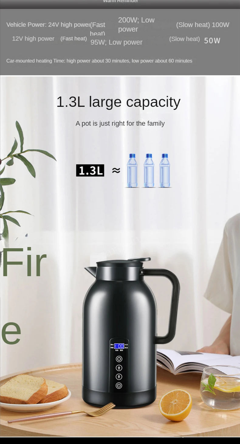 Portable Car Hot Kettle 1200ML Water Heater Travel Auto 12V/24V for Tea Coffee 304 Stainless Steel Large Capacity for Vehicle