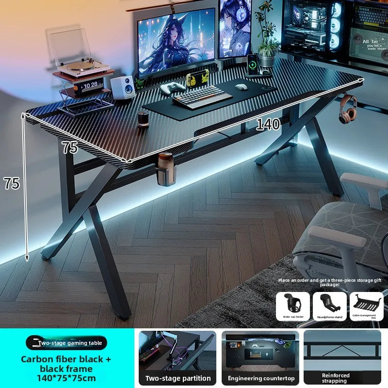 Two-Section Split Solid Wood Computer Gaming Desk  | Ergonomic Home Office Workstation Furniture in Carbon Fiber Style