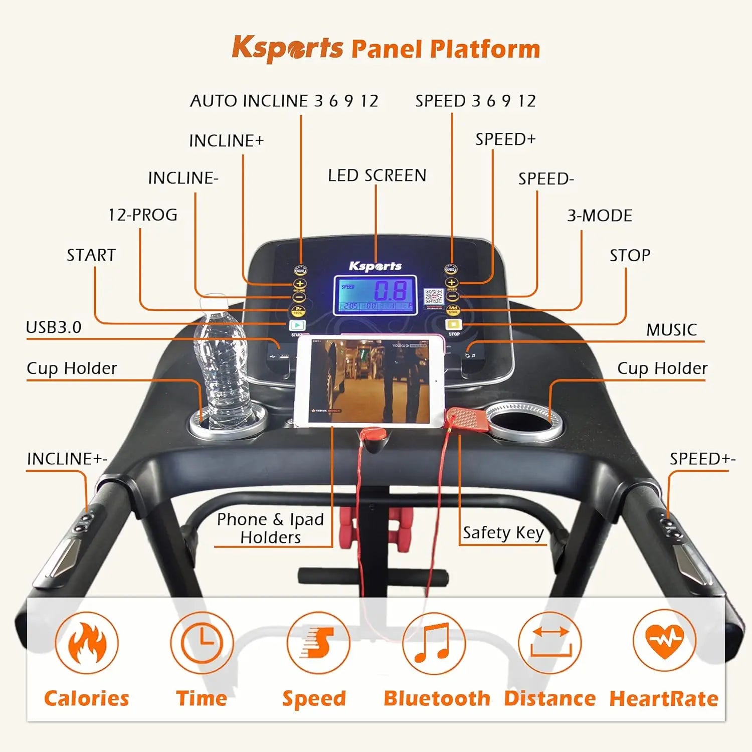 Foldable 16.5 Inch Cardio Fitness Portable Treadmill with Bluetooth Connectivity, LCD Display, and Tracking Apps for, Custom