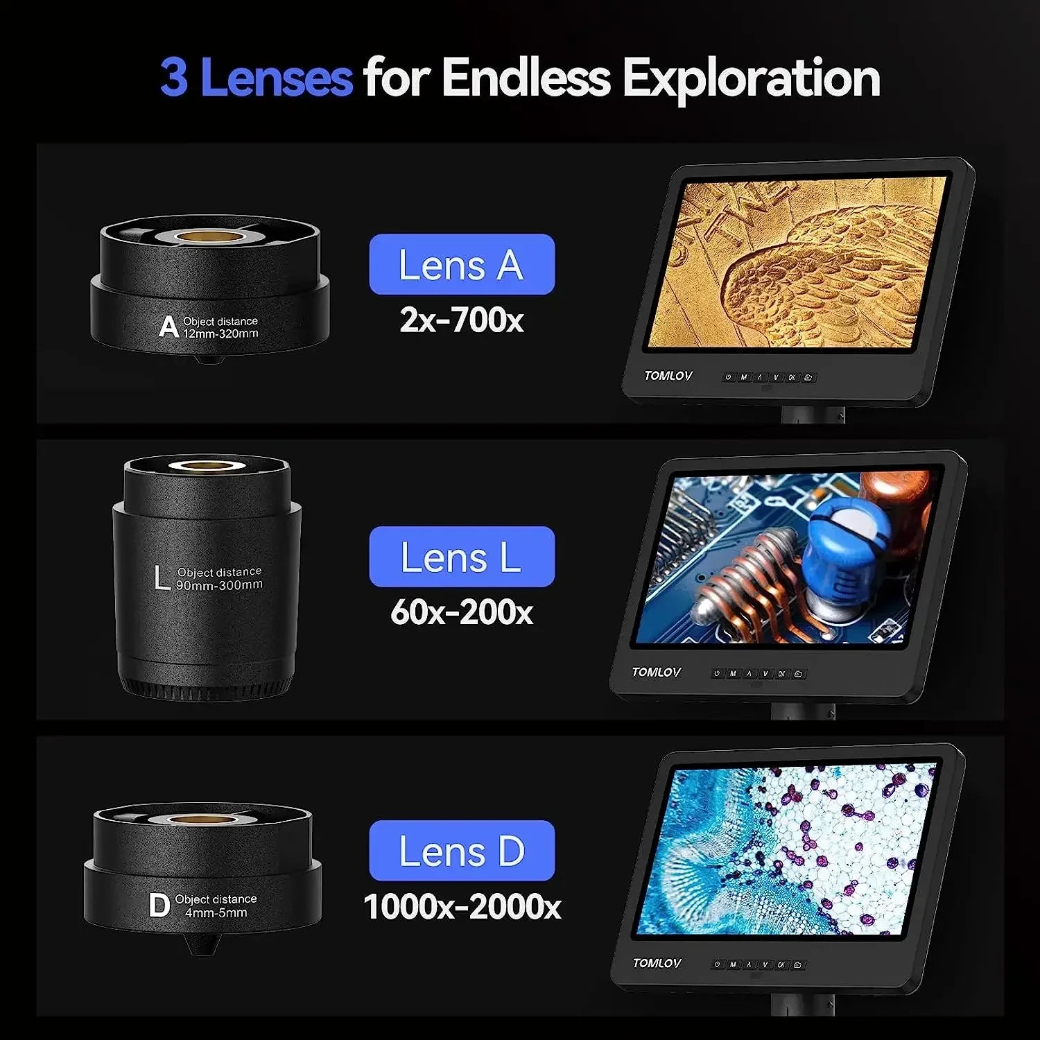 TOMLOV Digital Soldering Microscope 2000X 10.1" DM602 Flex HD Microscopes 3 Lens Coin Microscopio Ring Light For Repairing