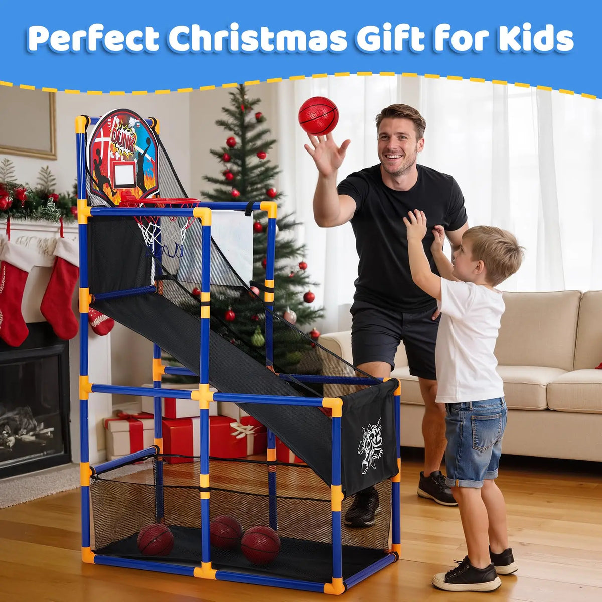 2-in-1 Kids Basketball Arcade Game Set, Adjustable Indoor Outdoor Hoop With Ball Return Ramp, 4 Balls & 6 Sticky Toss Balls
