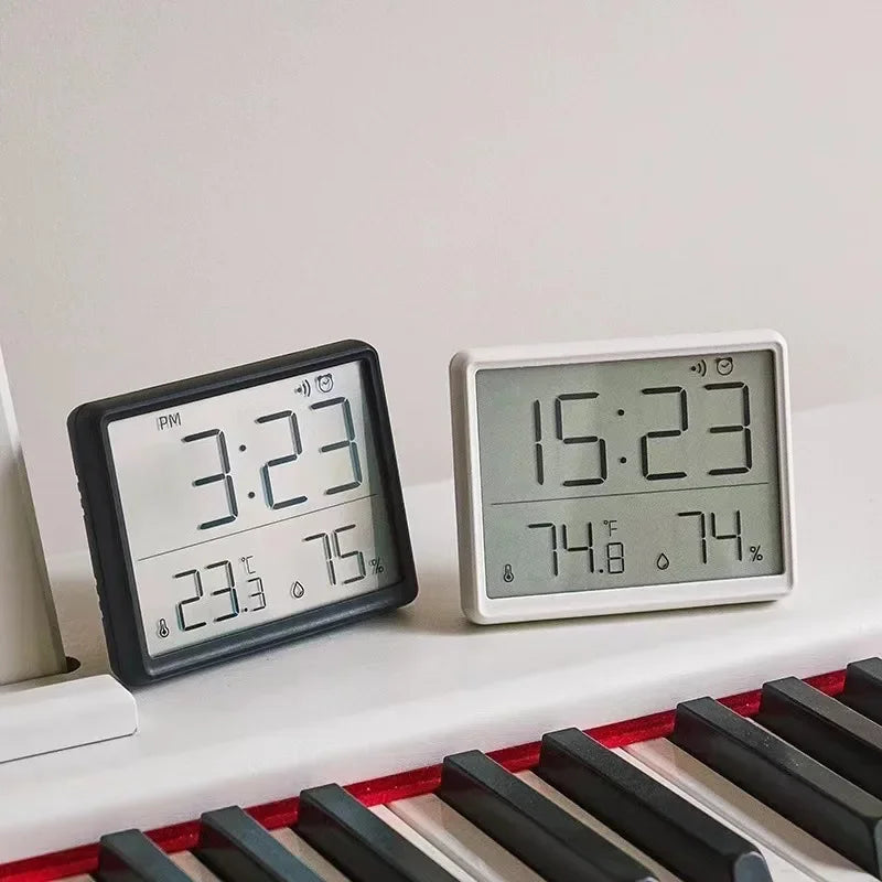 3-in-1 Smart Digital Clock - Temperature & Humidity Display + Alarm - Ultra-Thin Adhesive Mount for Wall or Tabletop Use