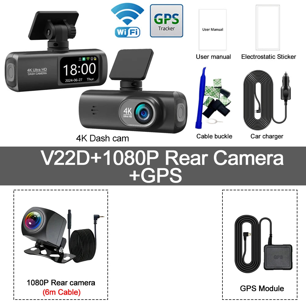 Dash Cam 4K UHD for Car Camera Front Rear Dual Lens With GPS WiFi 24h Parking Mode Night Vision Car DVR Video Registrator
