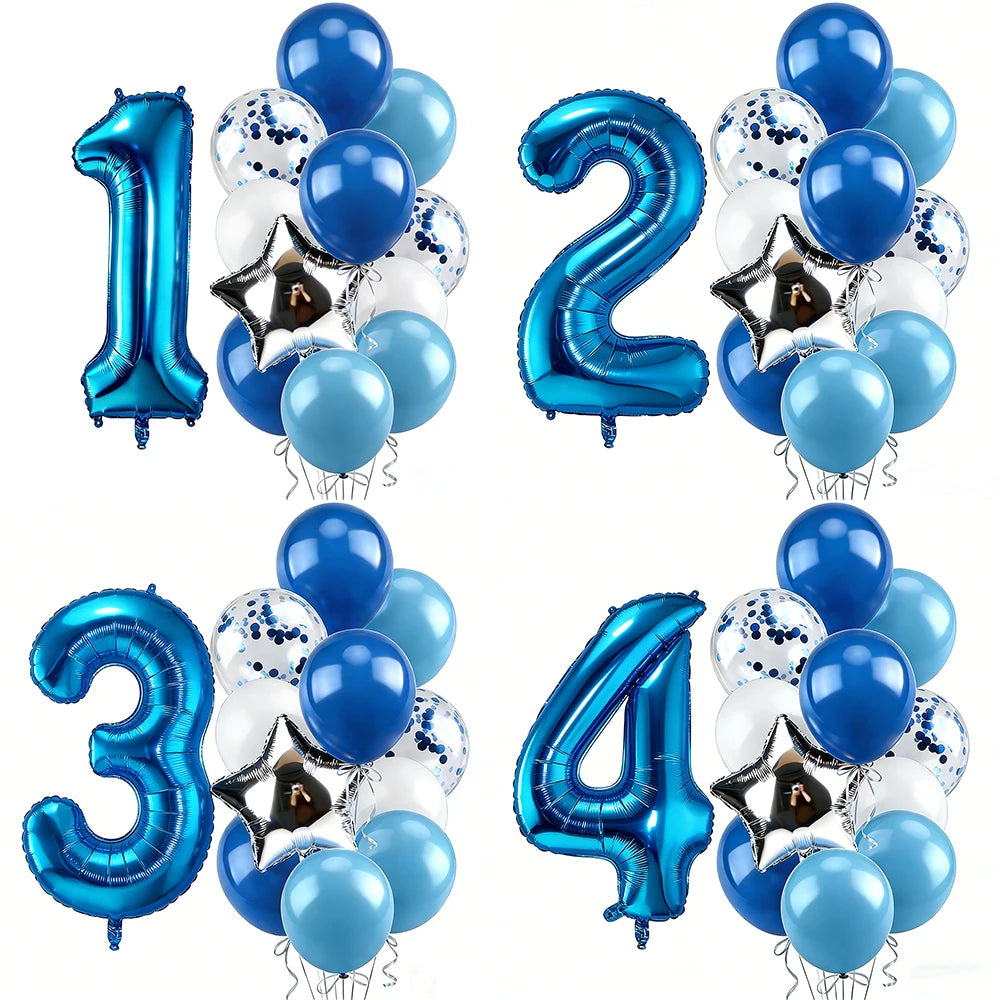 12pcs Blue 32inch Number Foil Balloon Star Confetti Latex Balloon Birthday Party Kids Adult Wedding Anniversary Globos Supplies