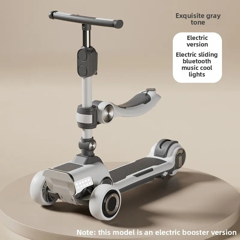 Rechargeable electric scooter for children, foldable and fun with widened design.