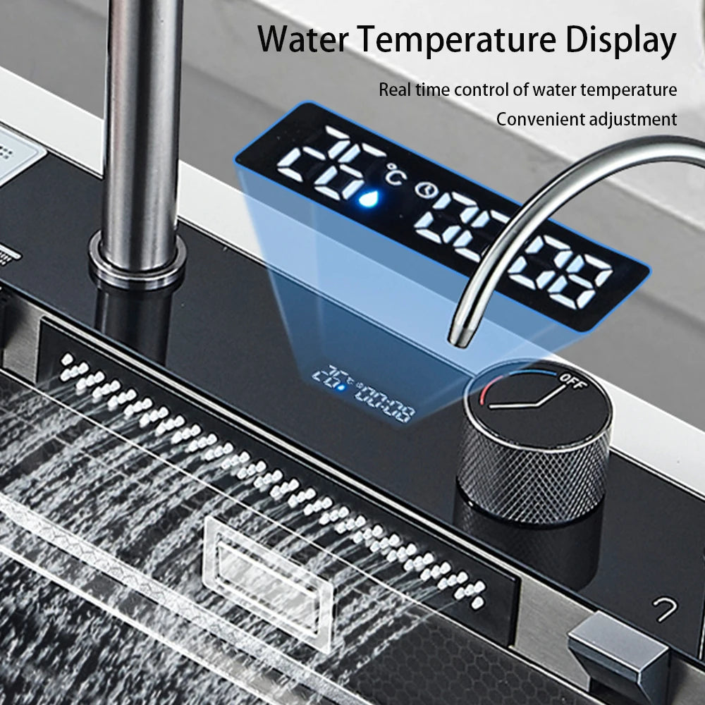Multifunctional Kitchen Waterfall Sink Digital Display Large Single Gray Sink Dish Basin Sink 304 Stainless Steel