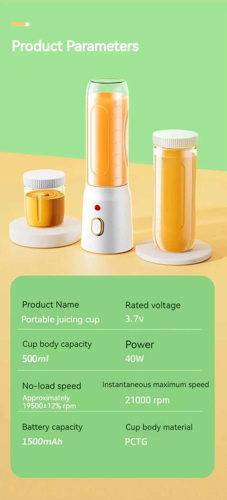 Portable Blender Juicer 450ml Electric Fruit Juicer USB Rechargeable Lemon Orange Fruit Juice Cup Smoothie Blender 2cups