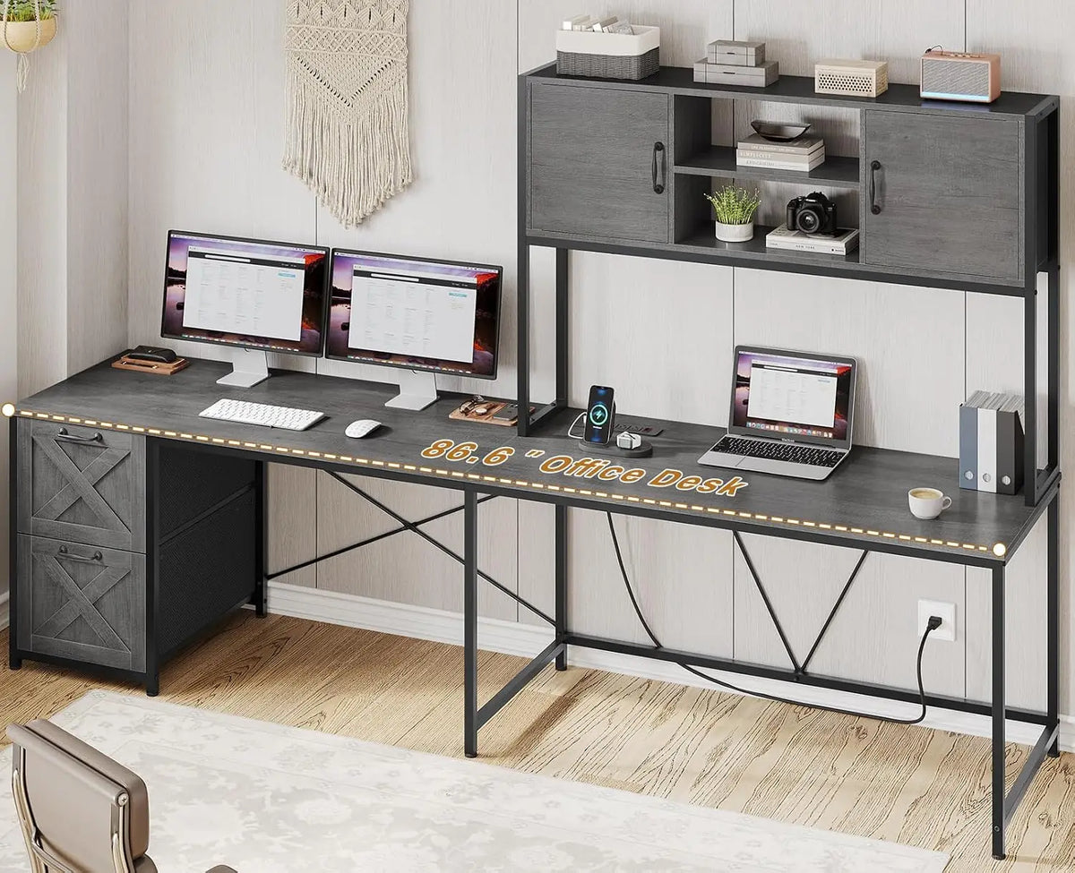 L Shaped Gaming Desk with Drawers LED Lights Power Outlet Hutch Storage Shelf Home Office Grey, Customized