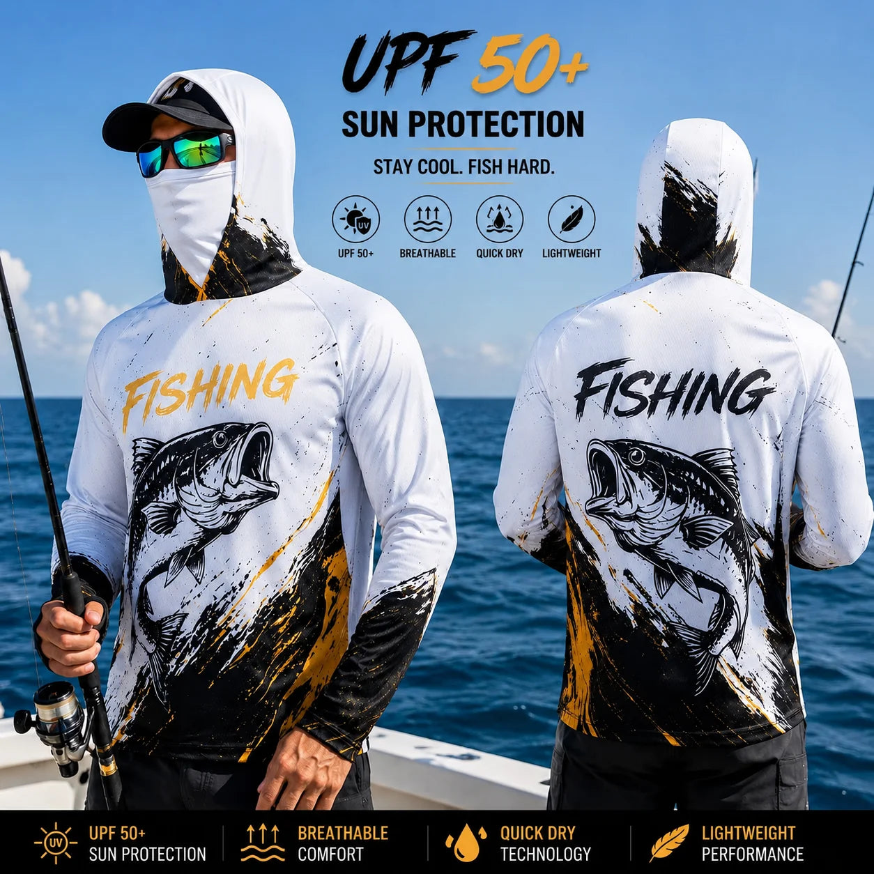 MALFC Men Hood Fishing Shirt long sleeve fishing t shirt uv protection Fishing Apparel