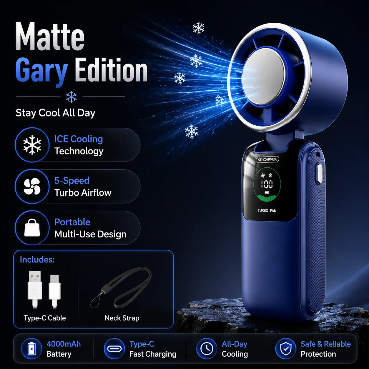 Ice Cooling Portable Neck Fan, 5-Speed Turbo Wind Foldable Hands Free Cooler, 4000mAh 9H Battery Travel Outdoor