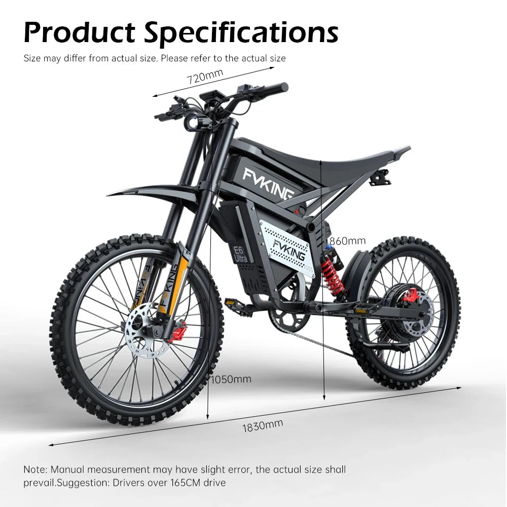 FVKING E6 Adult Electric Bicycle 3000W Peak Motor Equipped With 2 60V 30AH Batteries Off-road Electric Motorcycle Speed 80km/H