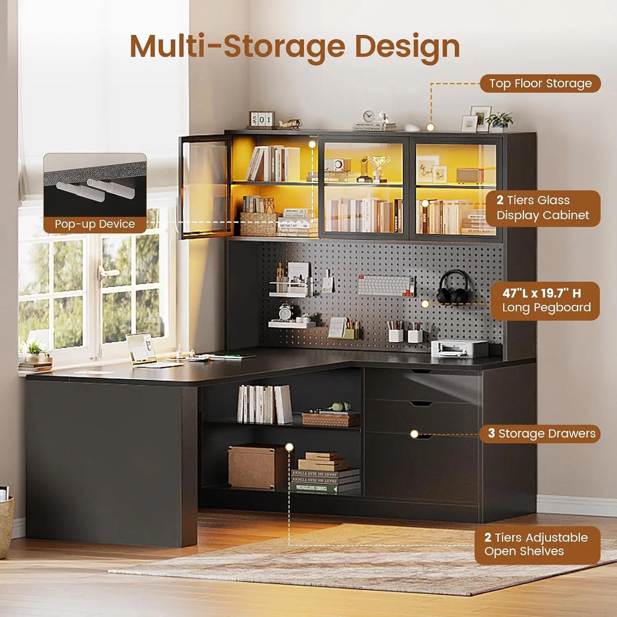 L Shaped Corner Gaming Desk with 3 Wood Drawer and Large Bookshelf, Customized