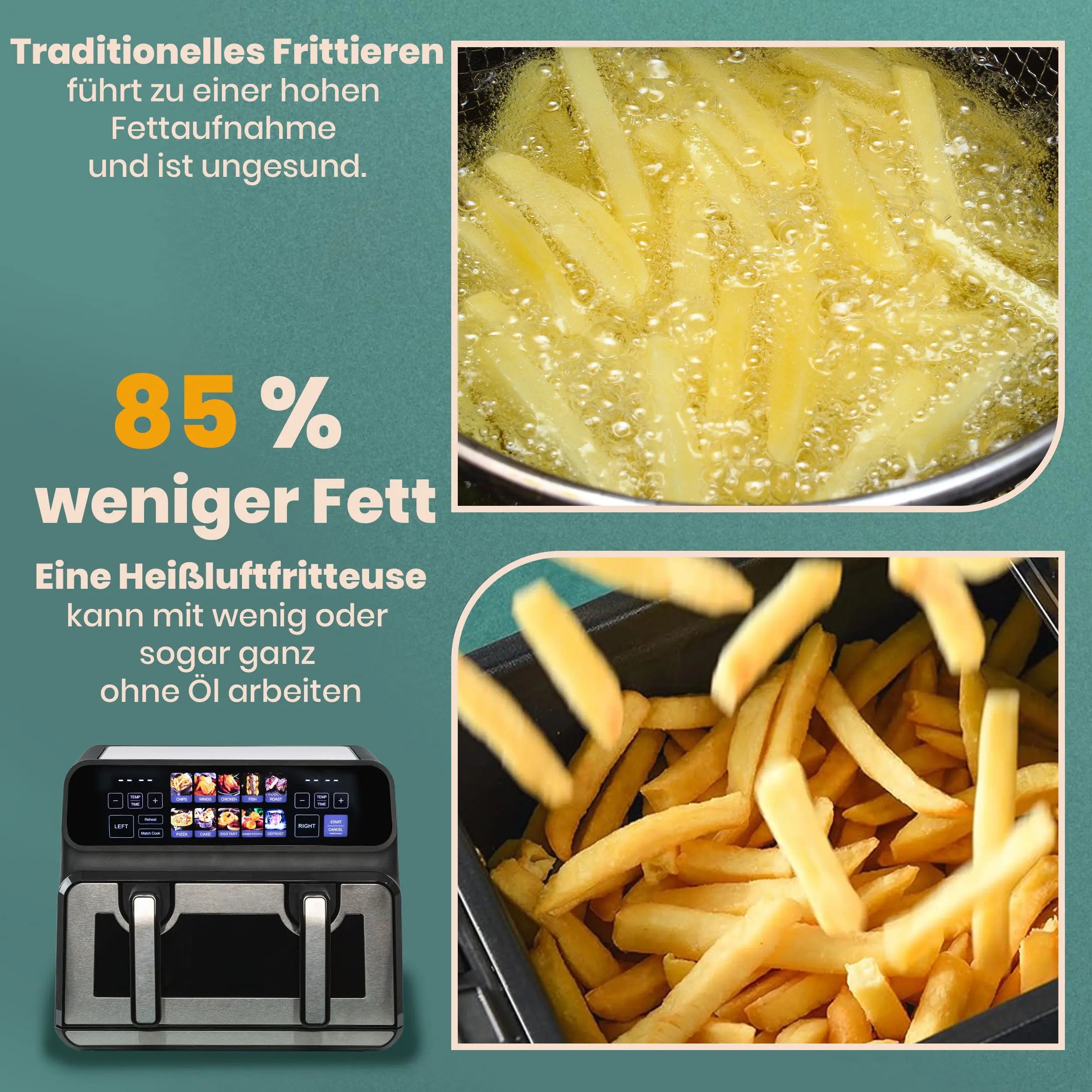 Sinaopus 2200W Hot Air Fryer Dual Basket 9 L XXL Multi-Function Air Fryer with LED Touch Screen Timable Auto Programmes
