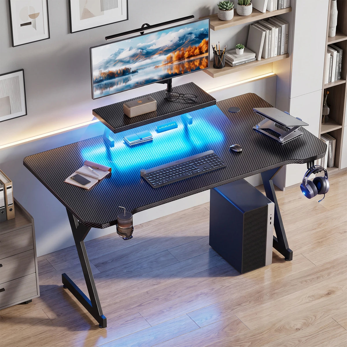 NEBMAAX Gaming Desk with LED Lights, Ergonomic Monitor Stand & Cup Holder, Large Computer Desk with Headphone Hook for Home Office, Black