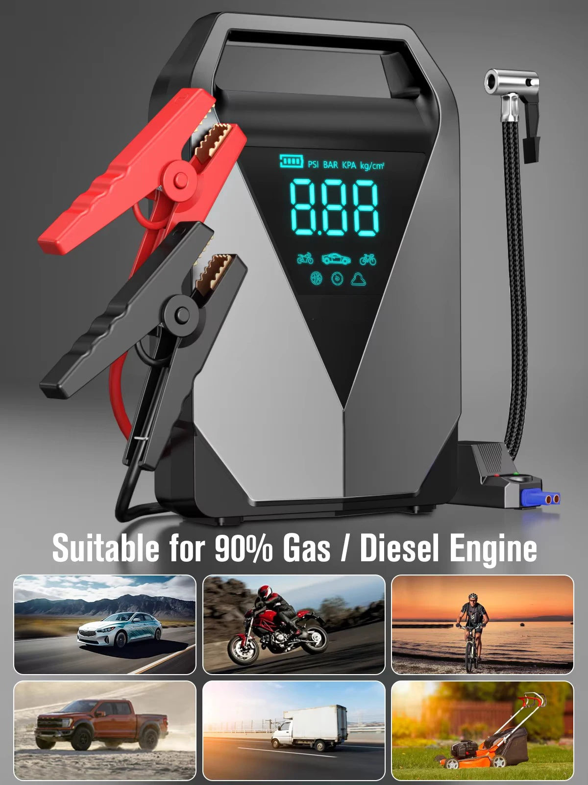 Be prepared on the road with this portable car jump starter and 150PSI air compressor—jump your battery and inflate tires anytime, anywhere!