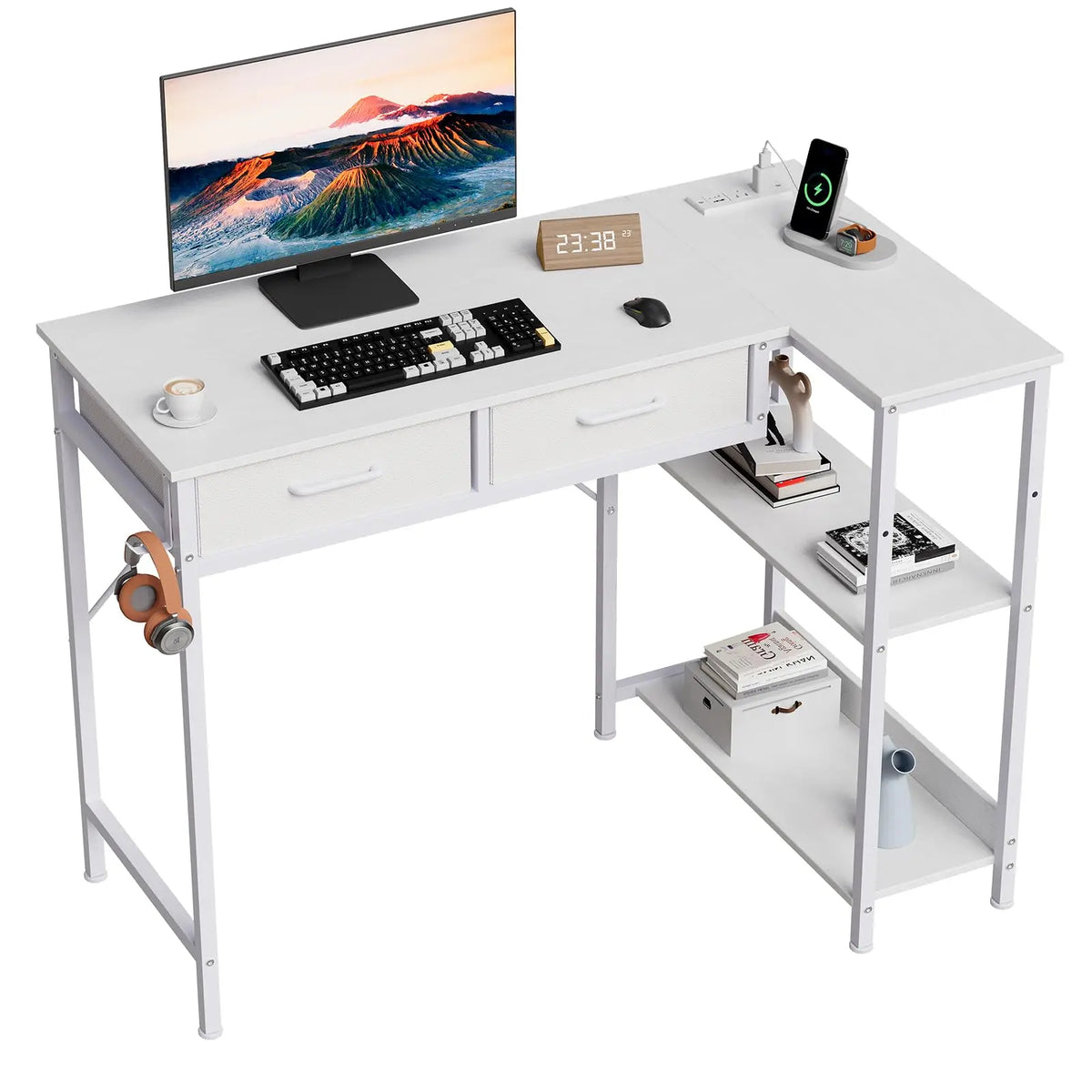 40 Inch L Shaped Gaming Desk With Power Outlet, Reversible Computer Desk With 2 Drawers, 3 Shelves, Headphone Hook