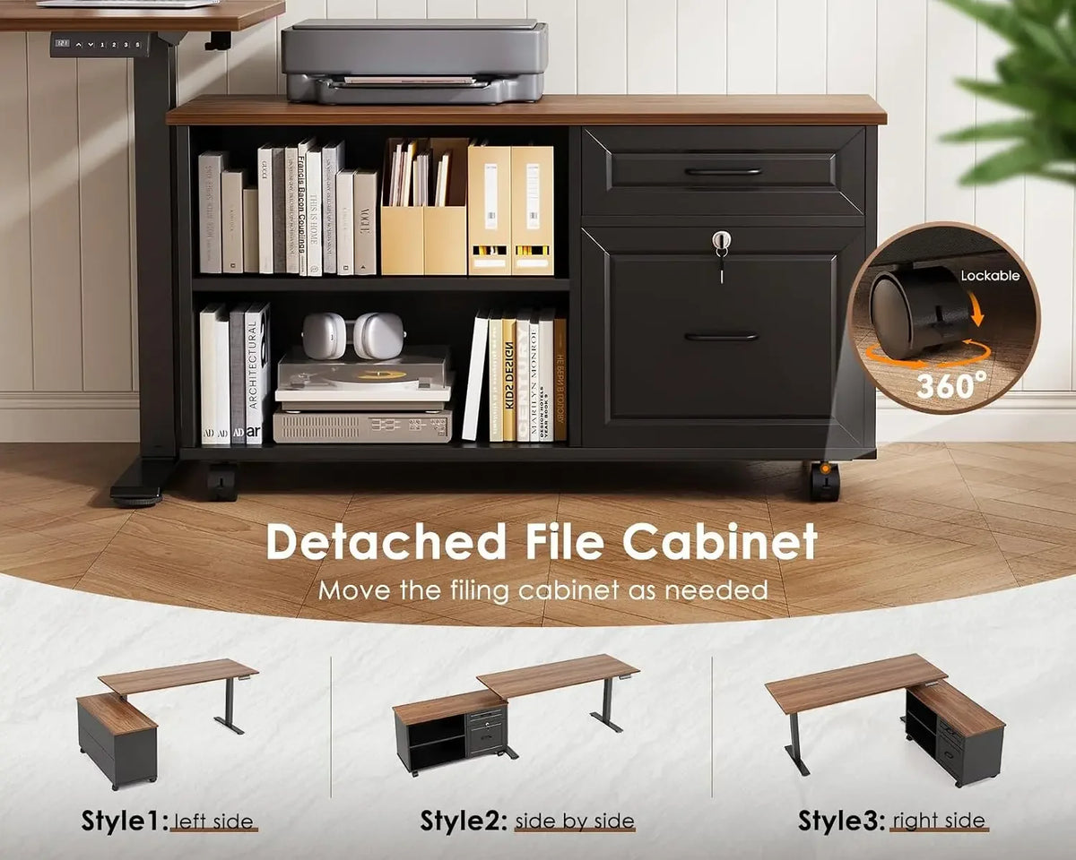 USA Stock 55" L Shaped Electric Standing Desk with Cabinet Sets, Walnut/Black | Mobile Drawers & File Cabinet Sets for Flexible