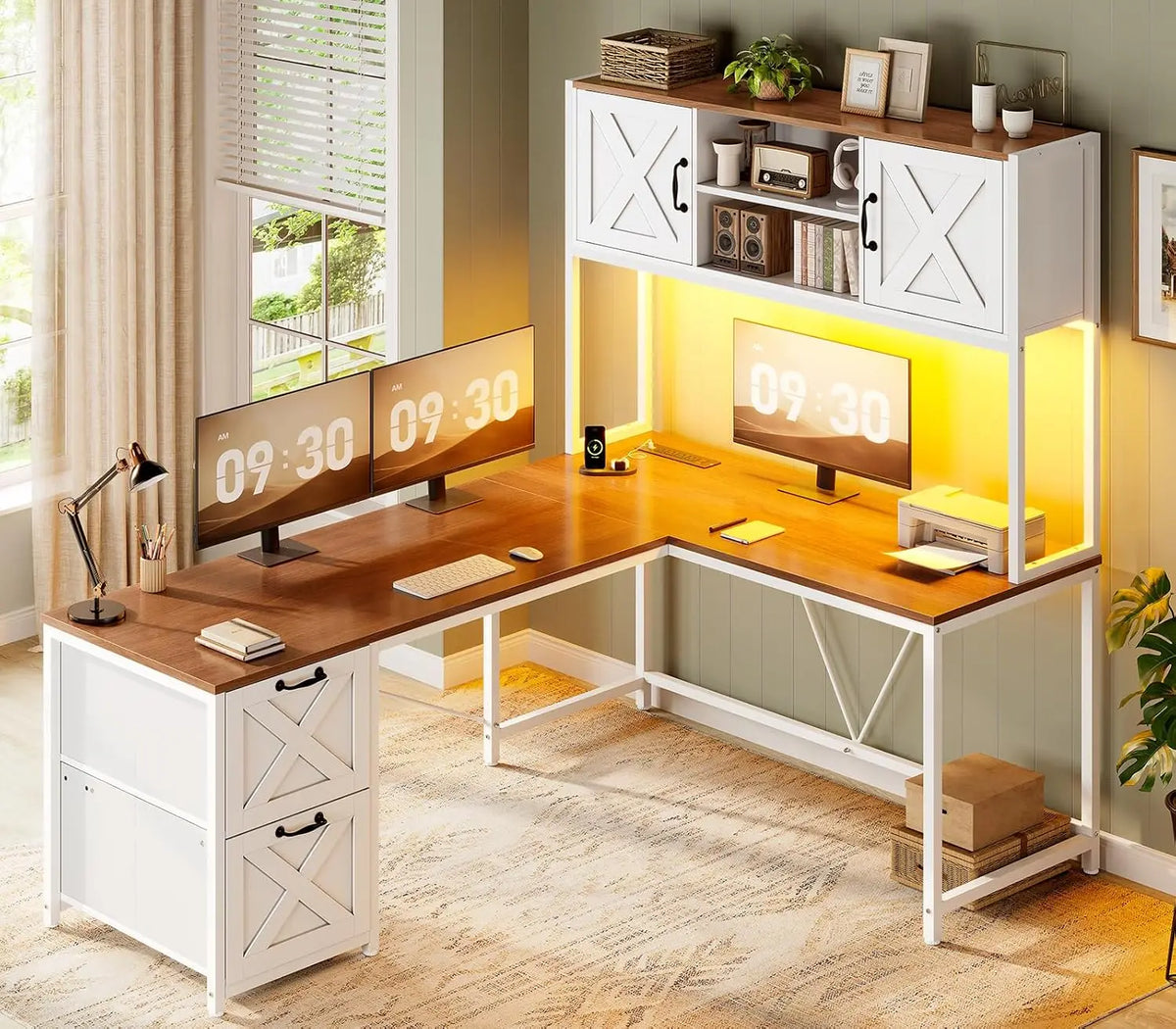 L Shaped Gaming Desk with Drawers LED Lights Power Outlet Hutch Storage Shelf Home Office Grey, Customized