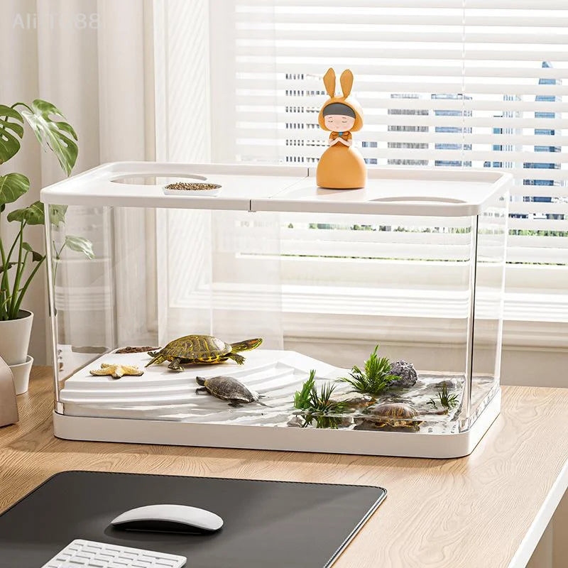 Durable Mini Fish Tank with Transparent Design, Lid Included, Ideal for Desktop & Home Lazy Tanks for Turtles