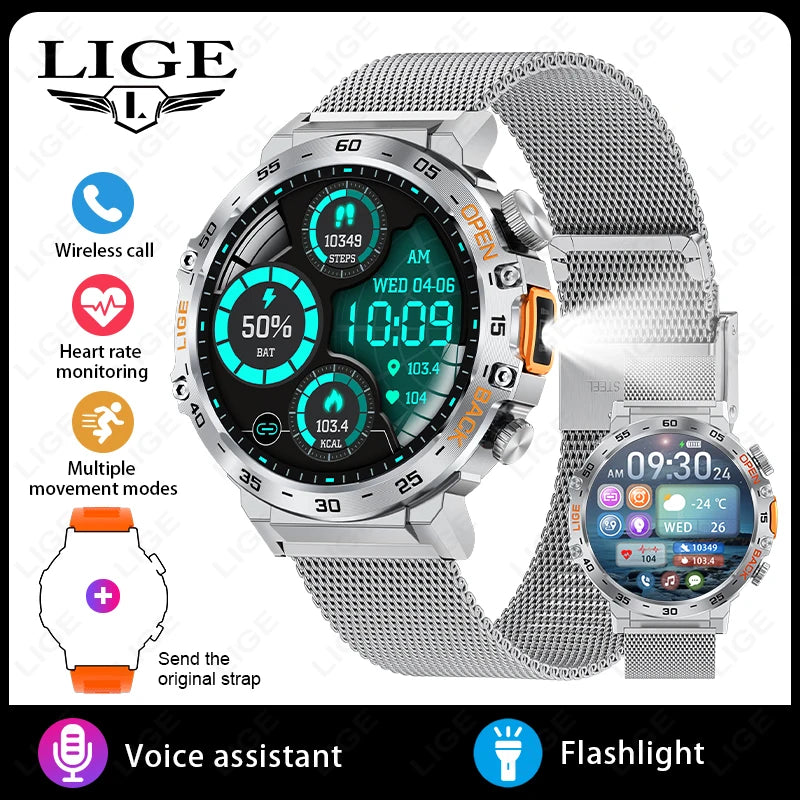 Stay active and connected with this men's smart watch featuring an HD screen, waterproof design, sports fitness tracking, and a handy flashlight—compatible with Android and iOS!