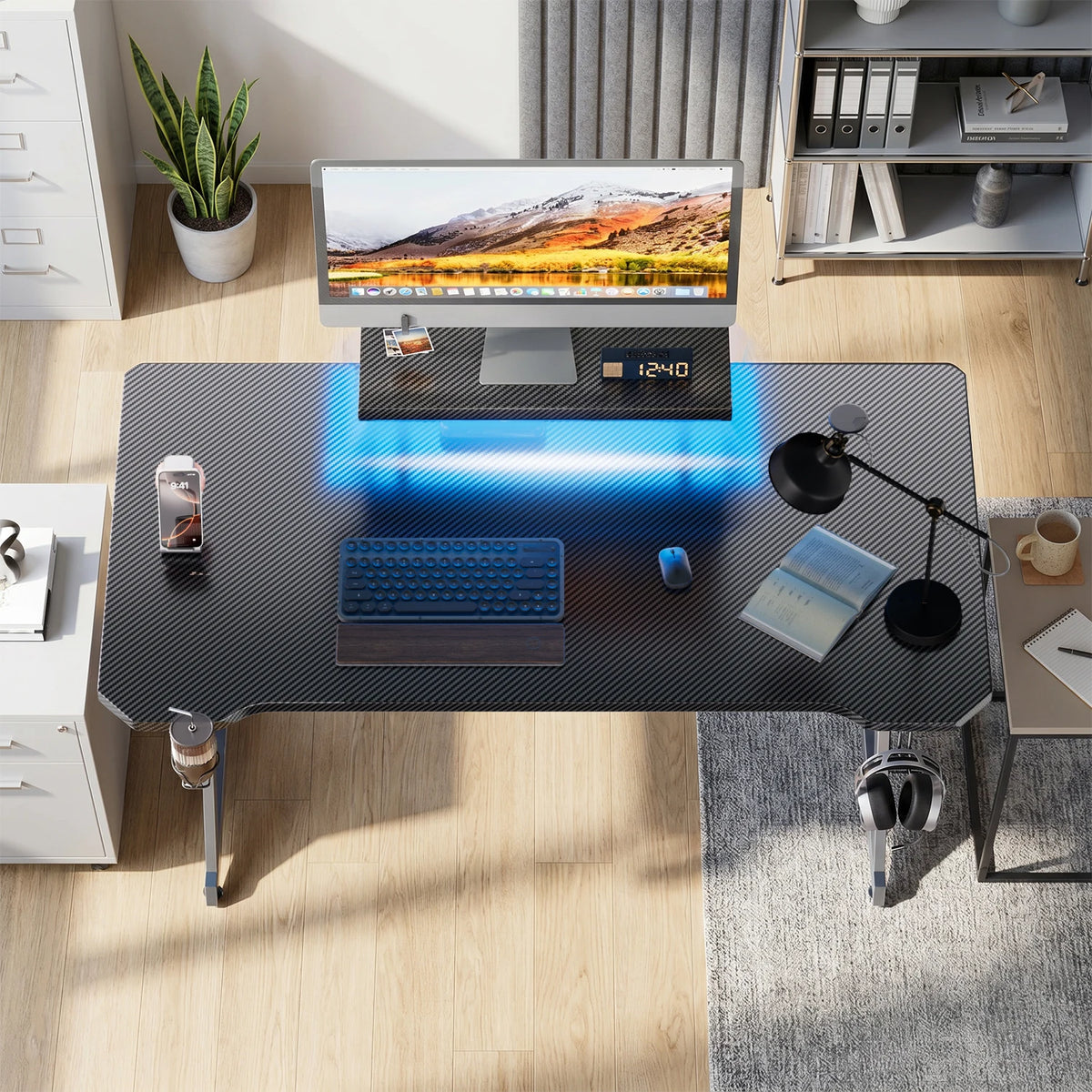 NEBMAAX Gaming Desk with LED Lights, Ergonomic Monitor Stand & Cup Holder, Large Computer Desk with Headphone Hook for Home Office, Black