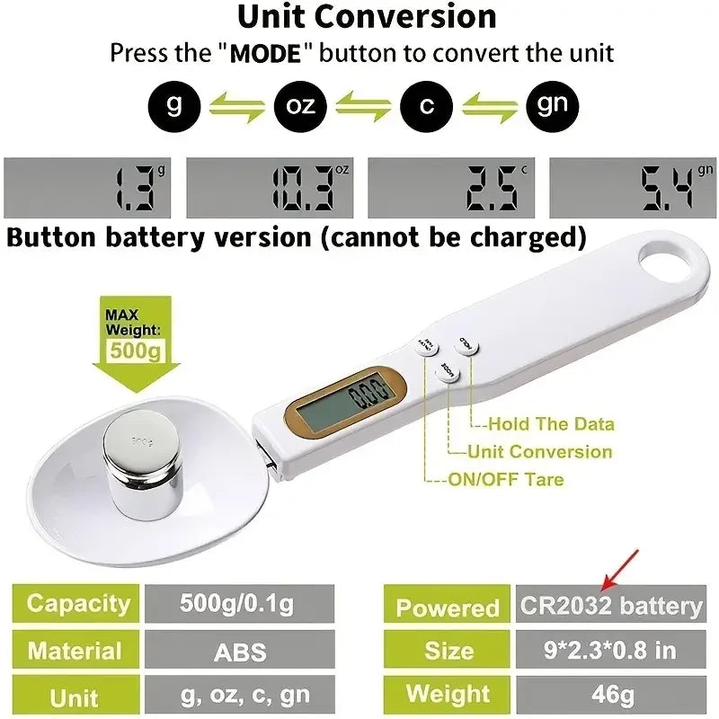 Measure ingredients with precision using this digital spoon scale—electronic LCD display, 0.1-500g capacity, perfect for flour, milk, coffee powder, and more!